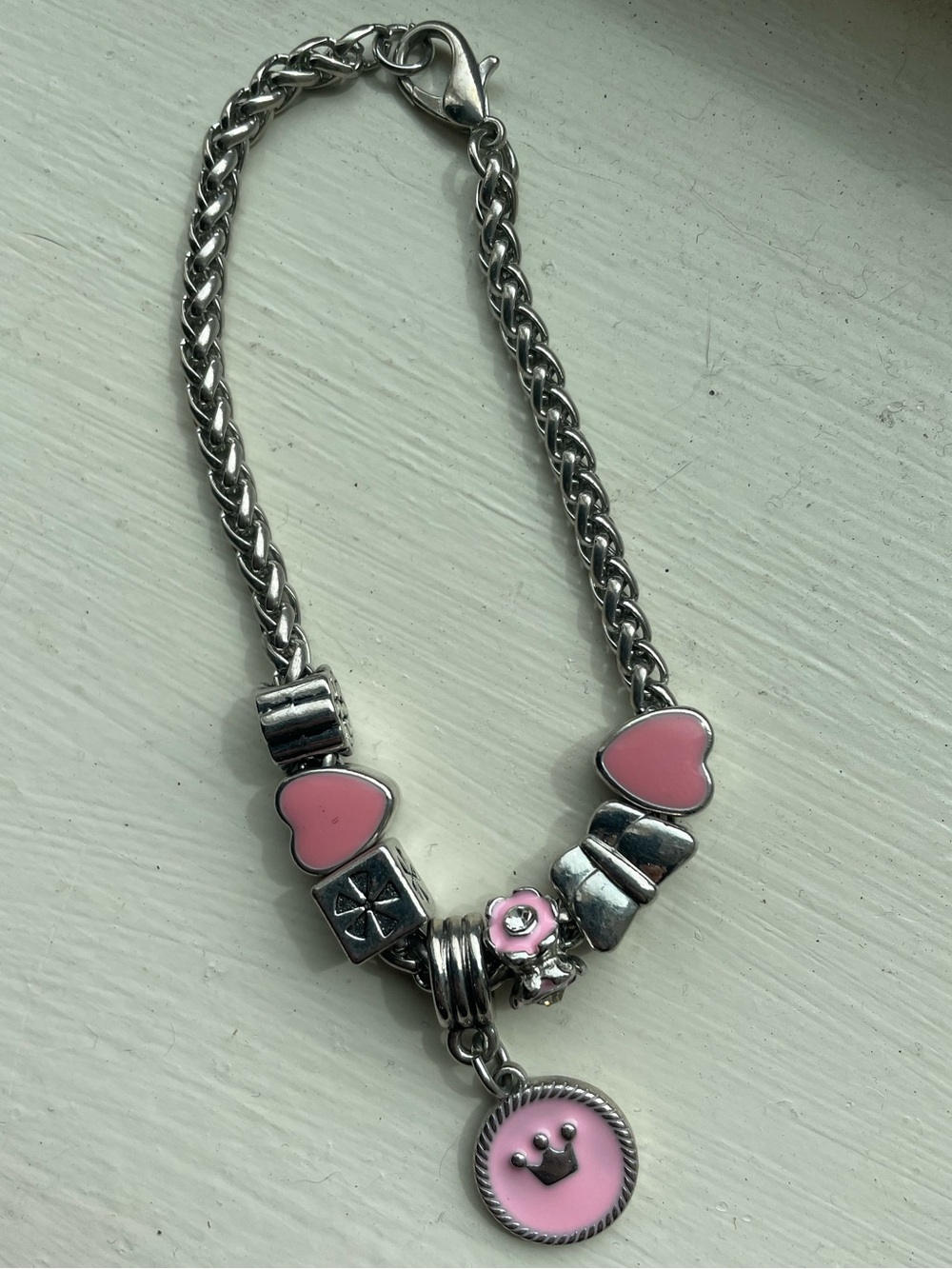 Silver tone Chain Bracelet with Pink Heart Charms Princess 👑